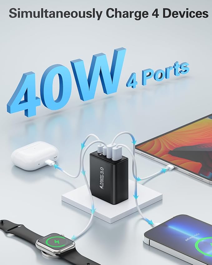 USB C Charger Block, 4-Pack 40W Fast Charging Block 4-Port Dual PD Power Adapter +QC Wall Plug Double USBC Charger Block Multi Type C Charging Cube for iPhone 17 16 15 14 13 12 11 Pro Max, Samsung