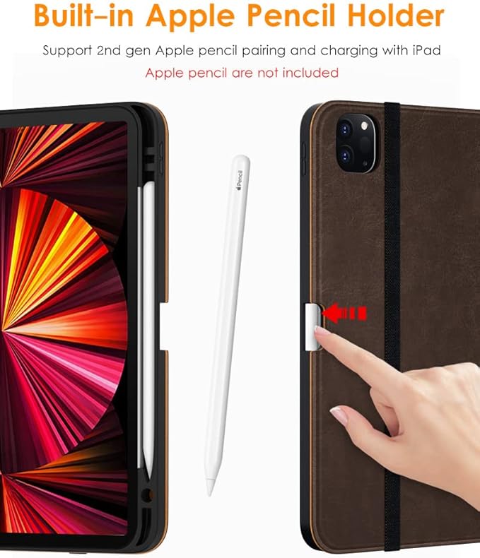 DTTO Case for iPad Pro 11 Inch 4th / 3rd / 2nd / 1st Generation 2022/2021/2020/2018,Premium PU Leather Folio Stand Cover with Hand Strap, Auto Wake/Sleep,Multiple Viewing Angles, Dark Brown