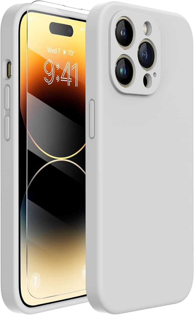 Miracase Designed for iPhone 14 Pro Case with Screen Protector, [Upgraded Camera Protection], Shockproof Liquid Silicone Rubber Phone Case Cover for 14 Pro 6.1 inch, Moonlight White