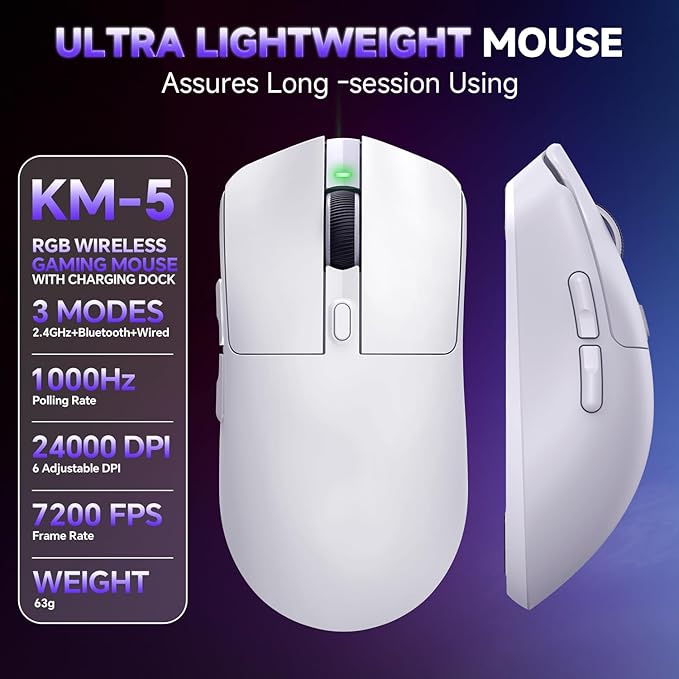 Wireless Gaming Mouse, Tri-Mode 2.4GHz/USB-C/Bluetooth Wireless Mouse with RGB Charging Dock, 24000 DPI, 60Hrs Battery, Ergonomic Lightweight Rechargeable Computer Mice Compatible with PC Mac Laptop