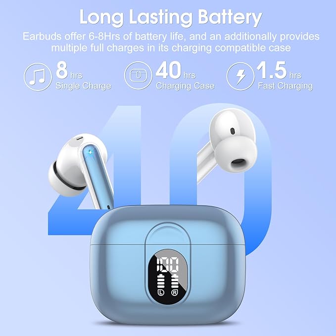 Wireless Earbuds 2024 Bluetooth 5.3 Headphones HiFi Stereo, 40H Playtime in-Ear Earbud, Bluetooth Earbuds with LED Power Display, IP7 Waterproof Wireless Earphones Sport Headset for Android iOS