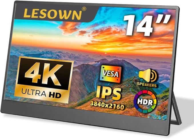 14 inch 4K Ultra-Slim Portable Monitor 3840x2160 UHD Wide Screen USB-C HDMI VESA HDR IPS External Display Plug&Play for Laptop PC Phone (14inch 4K No Touch)