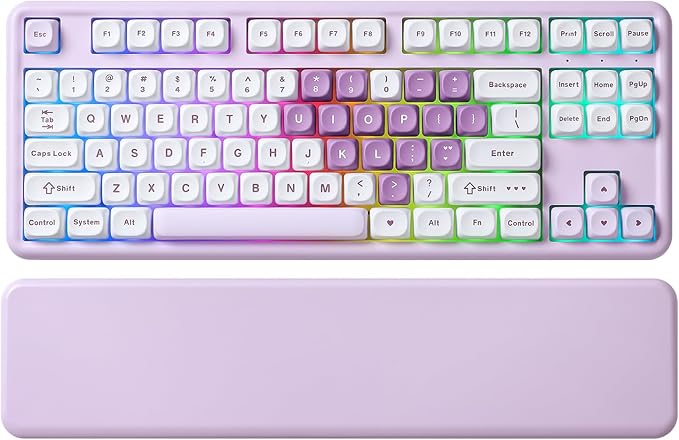 YUNZII B87 Wireless Mechanical Keyboard,QMK/VIA Programmable,TKL Layout 87 Keys,BT/2.4G/USB-C,Hot Swap Gasket Mount RGB Backlit Gaming with Wrist Rest for Win/Mac (Purple Heart, Cocoa Cream V2)