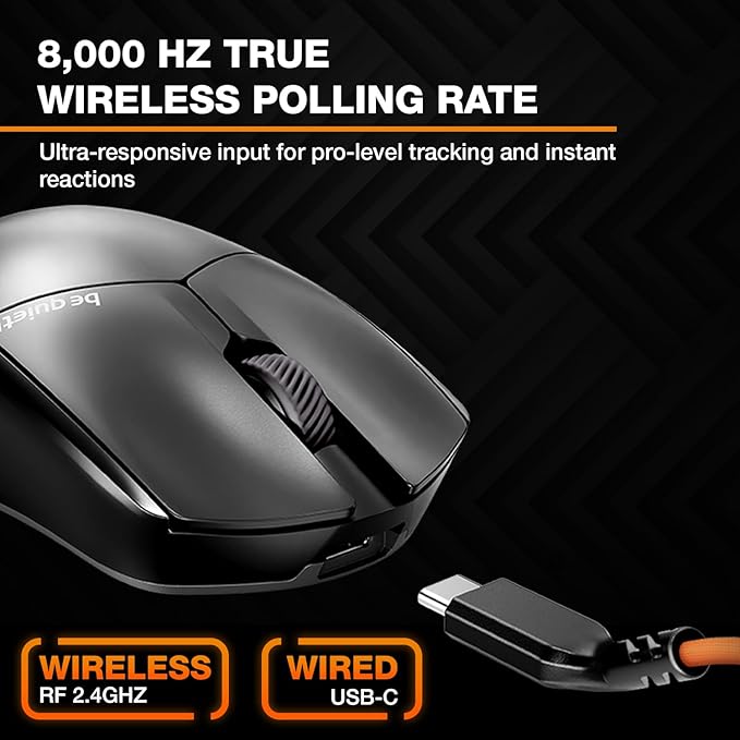 be quiet! Dark Perk Sym PC Gaming Mouse, 55g Lightweight, Ultra-Long Wireless Battery Life, 8,000Hz Polling Rate, PixArt PAW3950 Sensor, 32,000 DPI, Optical 70m switches, 100% PTFE Glide Skates