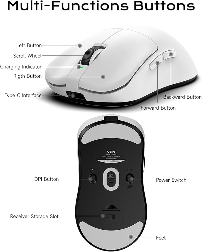 VGN Dragonfly F1 Pro Max Wireless Gaming Mouse, 130h Playtime Long Endurance, 55g Lightweight, PAW3395 26K DPI Flagship Sensor, 4000Hz Polling Rate Supported, Low Latency Esports Peripherals, White