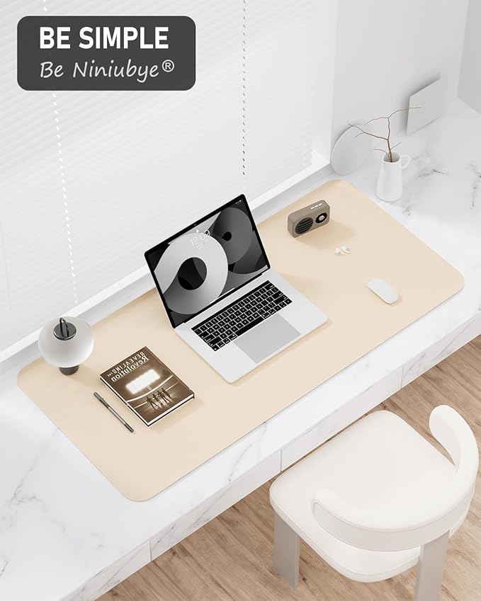 Desk Pad, 23.6" x 13.8" PU Leather Non-Slip Desk Mat Large Mouse Pad for Desktop, Waterproof Laptop Computer Writing Mat for Office, Home, Work, Gaming, Beige