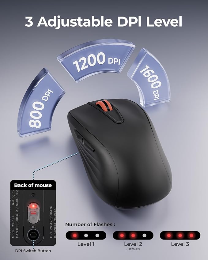 wegear WL500 Rechargeable Silent Wireless Mouse, Quiet Click, 2.4G USB Cordless Computer Mouse with 6 Buttons, Ambidextrous Grip, Adjustable DPI for Laptop, PC, Mac (Black)