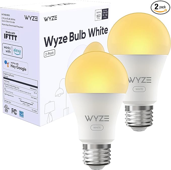 Wyze Lifestyle Bulb White, 800LM A19 Tunable-White Wi-Fi Smart Light Bulb, Compatible with Alexa and Google Assistant, 2.4GHz, No Hub Required, 2700K - 6500K, Dimmable, 90+CRI, Timer & Group, 2-Pack