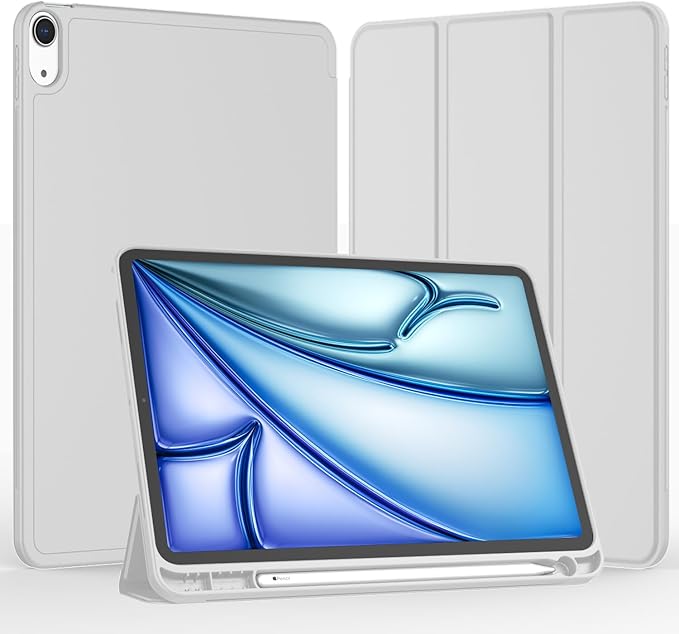 iMieet iPad Air 11 Inch Case M4/M3/M2(2026/2025/2024), iPad Air 5th/4th Generation Case 2022/2020 10.9 Inch with Pencil Holder,Trifold Stand Smart Case with Soft TPU Back(Light Gray)