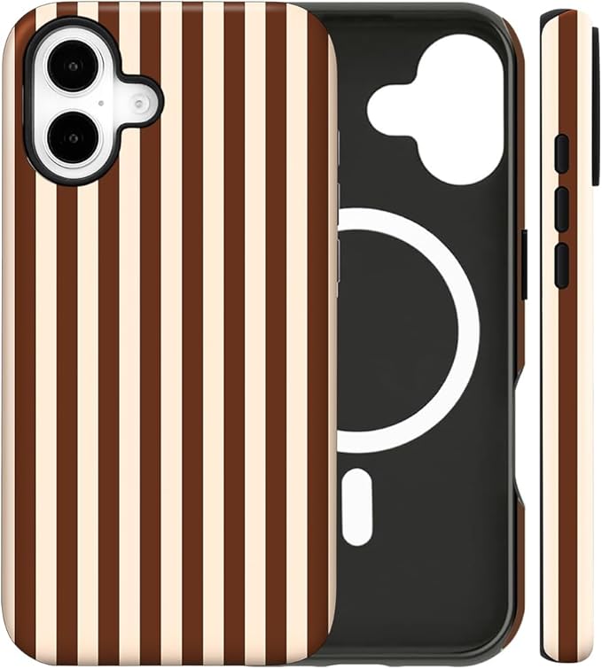 Magnetic for iPhone 17 Case Cute Stripes Phone Case, Shockproof Slim TPU and Hard PC Protective Phone Cover Compatible with MagSafe Designed for Women Girls, Brown