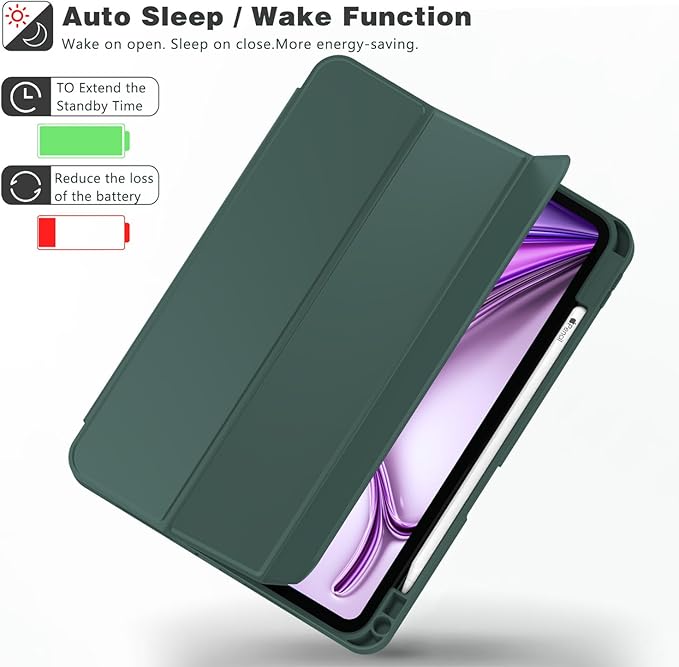 ZryXal New iPad Air 13 Inch Case M3 2025/M2 2024 with Pencil Holder, Trifold Stand Smart Case with Soft TPU Back,Auto Wake/Sleep(Midnight Green)