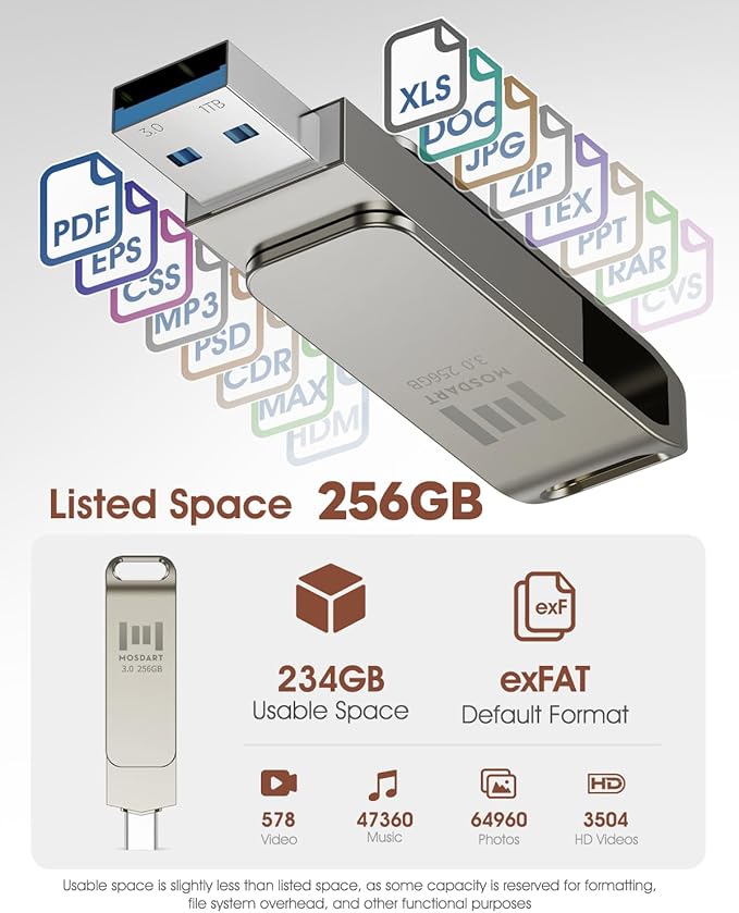 MOSDART 256GB USB C 3.2 Fast Speed C and A Dual Flash Drive, exFAT Memory Stick with Keychain Loop, for iPhone 15,16,17, Android Phone, iPad, MacBook, Silver