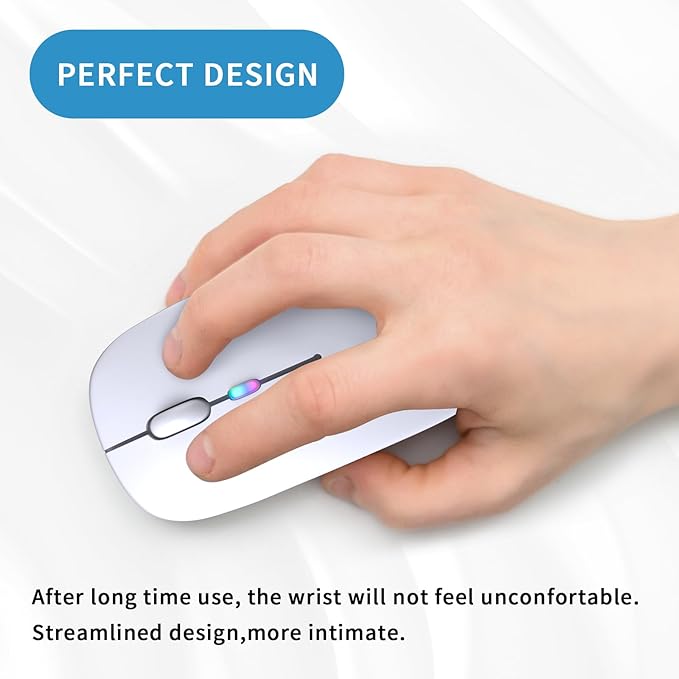 Wireless Bluetooth Mouse, Rechargeable, LED, Silent, Ultra-thin Design (Bluetooth 5.2 and 2.4GHz USB Receiver) | Portable Computer Mouse for Laptops, iPads, MacBooks and Apple Devices (white)