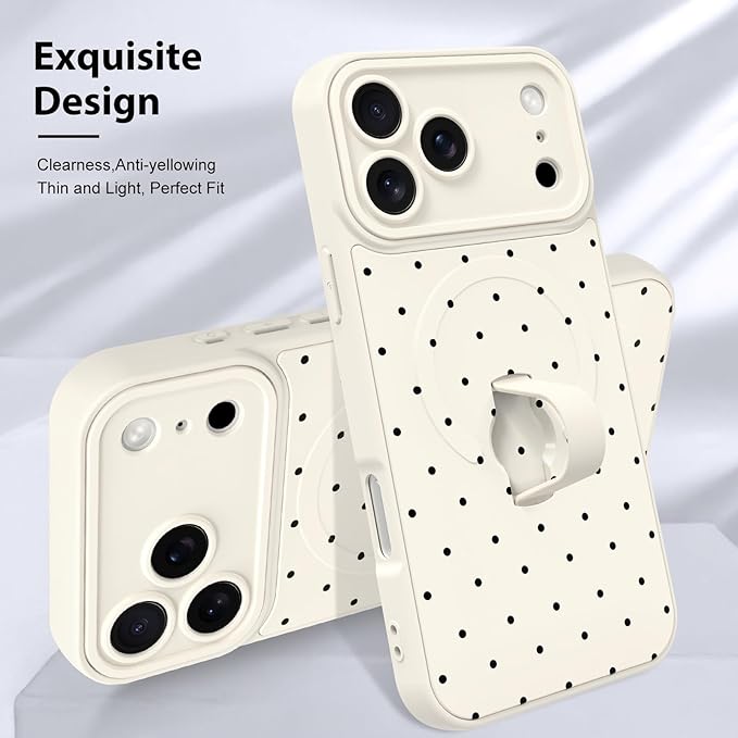 KANGHAR Compatible with iPhone 17 Pro Max Case, Support for MagSafe, Silicone Spot Cute Pattern, Wristband Kickstand Camera Protection Soft Slim Cover for Girls Women -White