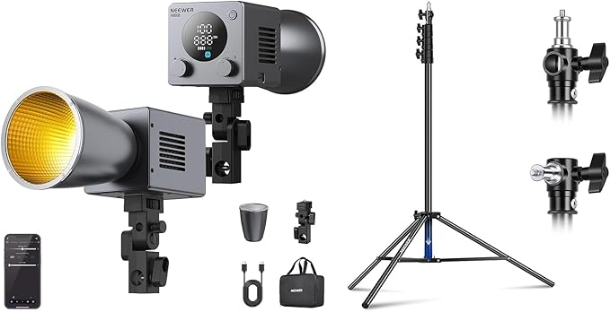 NEEWER HB60B 60W Mini LED Video Light with 50Wh Battery/100W PD Fast Charging APP/2.4G Control/NFC + 9.8ft/3m Air Cushioned Light Stand Tripod with 3 Way Mounting Interface Max Load 5.5lb/2.5kg