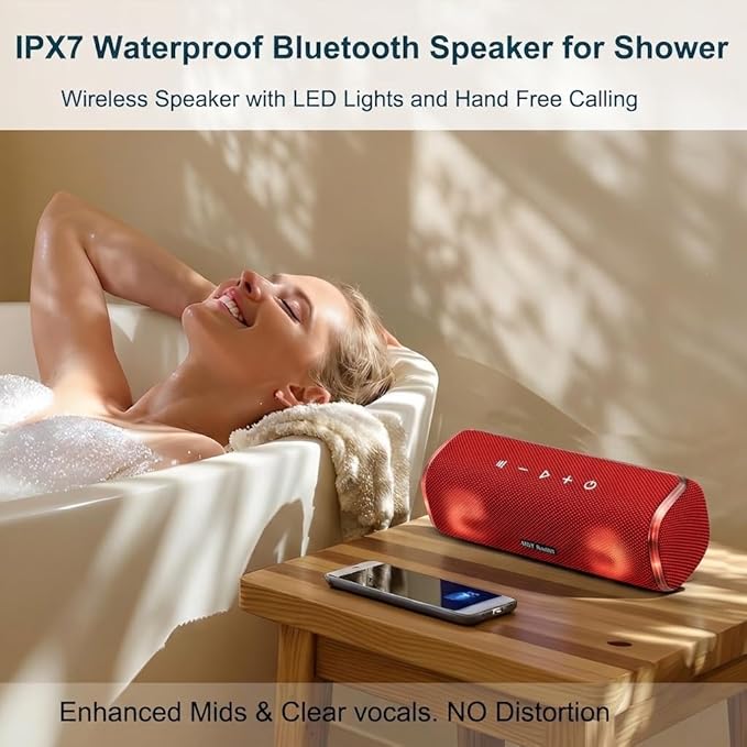 40W Bluetooth Shower Speaker, IPX7 Waterproof Floating Pool Speaker with Interactive Tap-to-Play Drum Beats, RGB Sync Lights, Built-in Mic for Hands-Free Calls, Red