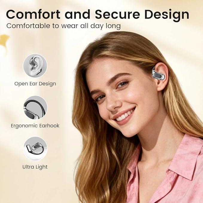 Open Ear Earbuds, Bluetooth Headphones 5.4 Sports with Smart Digital Display, 40H Playtime, Clear Calls,IPx4 Waterproof, Wireless Over Ear Buds Lightweight Design Fit Cycling, Running, Workout(beige)