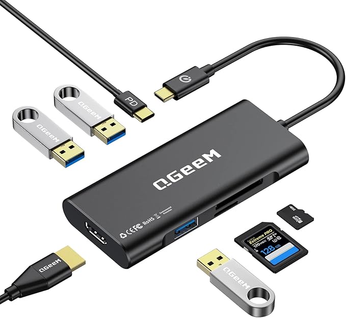 QGeeM USB-C 7-in-1 Dongle with 100W PD, 3x USB 3.0, SD/TF Card Reader, Compatible with MacBook, iPad, Dell XPS & More - Black