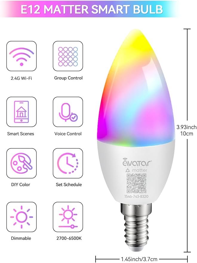 Matter E12 Candelabra Smart Bulb - No Dedicated App Needed, Compatible with Apple Home, Alexa & Google. RGBCW Color & Tunable White for Bedroom Lamps, Living Room & Home Office Lighting(2 Pack)