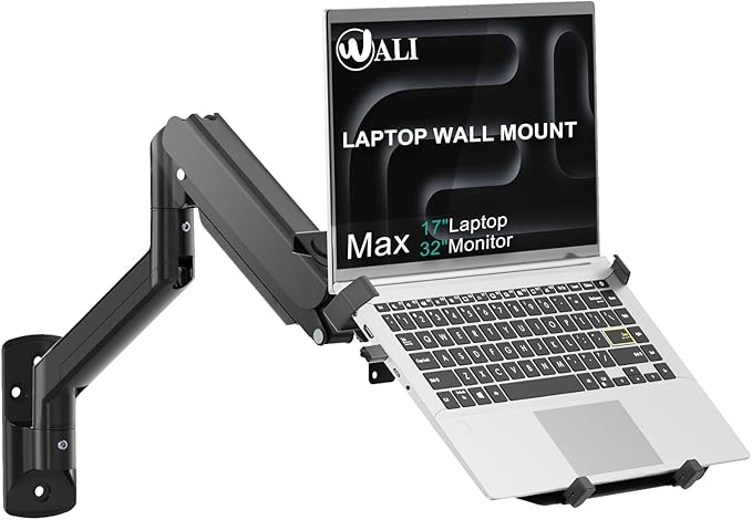 WALI Laptop Wall Mount, Fully Adjustable Laptop Arm Fits 10 to 17" Notebook, 2-in-1 Monitor Wall Mount for 17 to 32" Computer Screen, Holds up to 15.4-22lbs(GSWM001NLP), Black