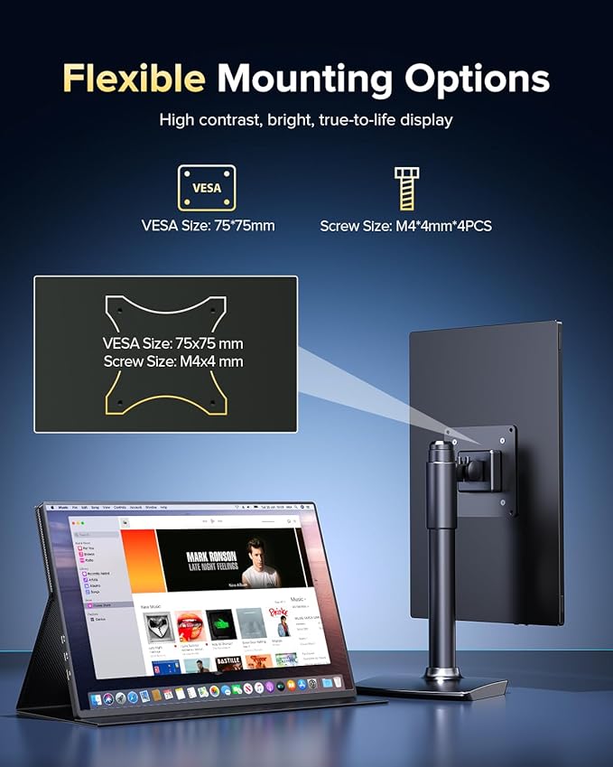 Portable Monitor 4K 1200 Nits, 16" Laptop Monitor, 3840*2400 UHD, 1MS FreeSync, 2000:1 Contrast, USB-C & MINI HDMI, VESA & Smart Case, Travel Second Screen for Computer, Mini PC, Game Consoles