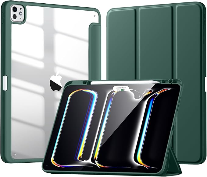 New Compatible with iPad Pro 13 inch Case M5 2025/M4 2024 with Built-in Pencil Holder, Kidopire for iPad Pro 13 Case with Hard Clear Back Shell, Support Pencil Pro, Auto Wake/Sleep, Pine Green