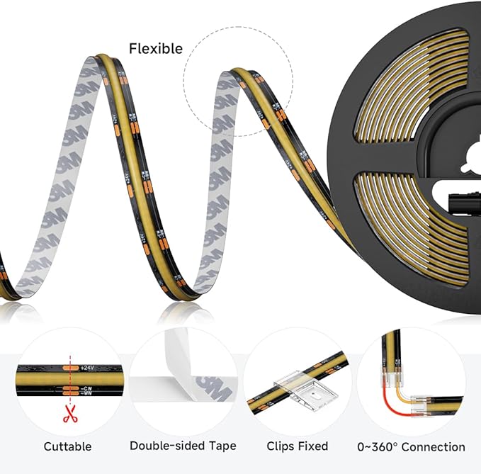 BTF-LIGHTING FCOB COB LED Strip CCT 3000K-6000K Tunable White IP65,UL Listed DC12V 16.4FT CRI 90+ Dimmable LED Tape Lights,640LEDs/m Dotless for Bedroom Kitchen Indoor Decor(No Adapter or Controller)