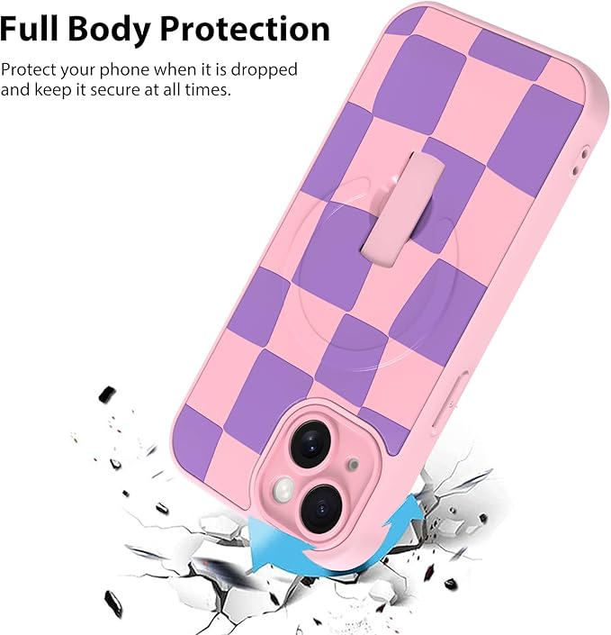 KANGHAR Compatible with iPhone 15 Case, Support for MagSafe, Silicone Checkered Cute Pattern, Wristband Kickstand Camera Protection Soft Slim Cover for Girls Women -Pink