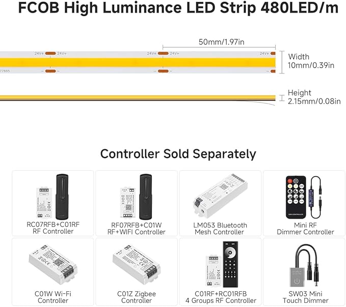BTF-LIGHTING FCOB COB LED Strip 2700K 596+LM/FT Super Bright UL Listed DC24V 32.8FT 480LED/m 10mm Width Flexible High Density CRI 90+ Dimmable LED Light for Home Indoor Decor(No Controller or Adapter)