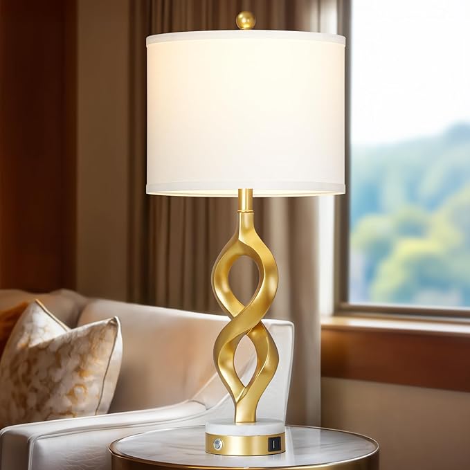 Cinyirong 30" White and Gold Table Lamp for Living Room, Modern Touch Control Bedside Lamp for Bedroom, 3-Way Dimmable Sculptural Resin Nightstand Lamp with USB A+C Ports and 1 LED Bulb (1 Pack)