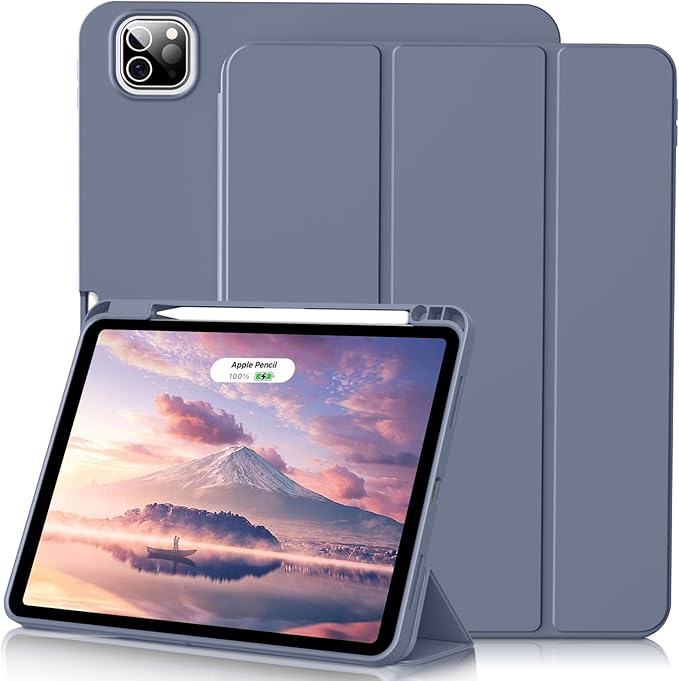 Case for iPad Pro 12.9 Inch Case 6th/5th/4th/3rd Generation with Pencil Holder, Smart Stand Cover with Soft TPU Back for iPad 12.9 Pro Case (2022/2021/2020/2018), Auto Sleep/Wake, Purple Gray