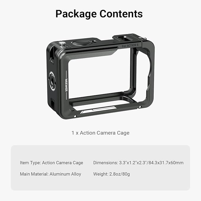 NEEWER Camera Cage for Osmo Action 6, Lightweight Metal Video Rig Stabilizer with Cold Shoe & 1/4" Thread, Compatible with DJI Mic Quick Release Magnetic Adapter Action Camera Accessories, AC054