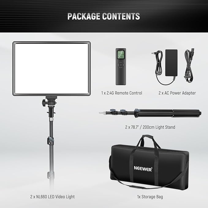 Neewer 18" Led Video Light Panel Key Lighting Kit with Remote, 2-Pack 45W Dimmable Bi Color + Tripod Stand, 3200K–5600K Soft Light CRI 97+ 4800Lux for Game Live Streaming Studio Photography Recording