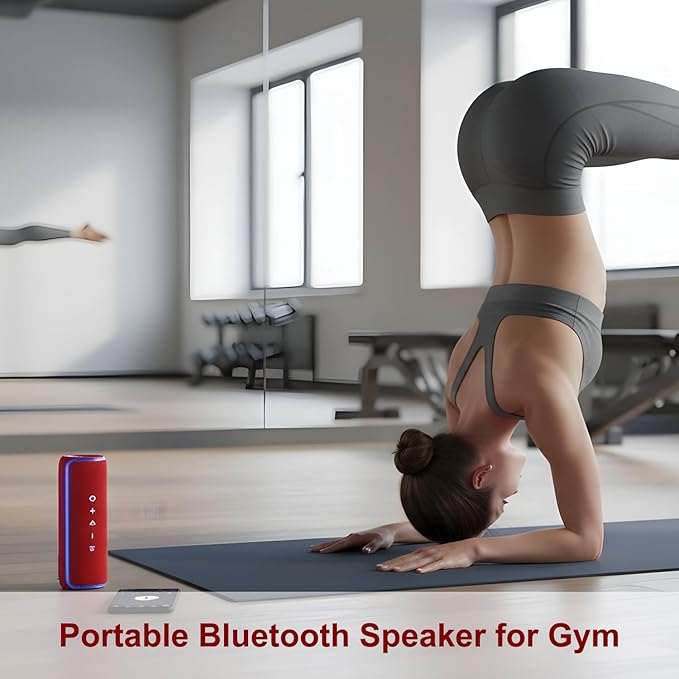 40W Bluetooth Shower Speaker, IPX7 Waterproof Floating Pool Speaker with Interactive Tap-to-Play Drum Beats, RGB Sync Lights, Built-in Mic for Hands-Free Calls, Red