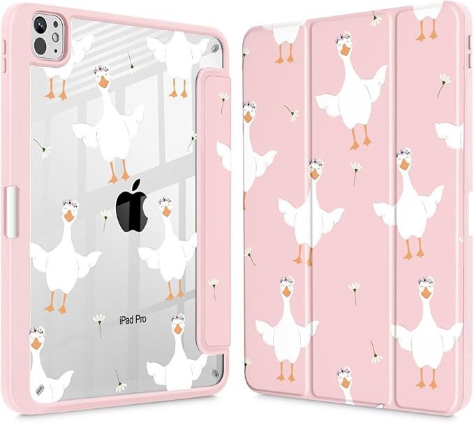 May Chen Case for iPad Pro 11-Inch M5/M4 2025/2024 (6th/5th Generation), [Penceil Holder] Trifold Stand Auto Wake/Sleep Clear TPU Protection Back Cover, Goose Flower