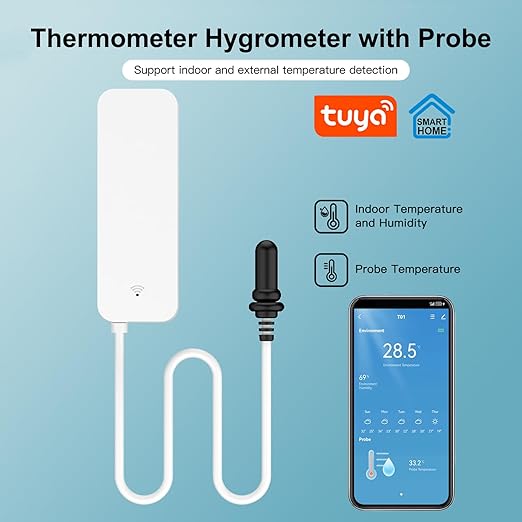 Smart Thermometer Hygrometer: WiFi Temperature Sensor with External Probe, Weather Function Thermometer Humidity Meter for Freezer, Aquarium, App Alert, Compatible with Alexa (Dual Detection 1PCS)