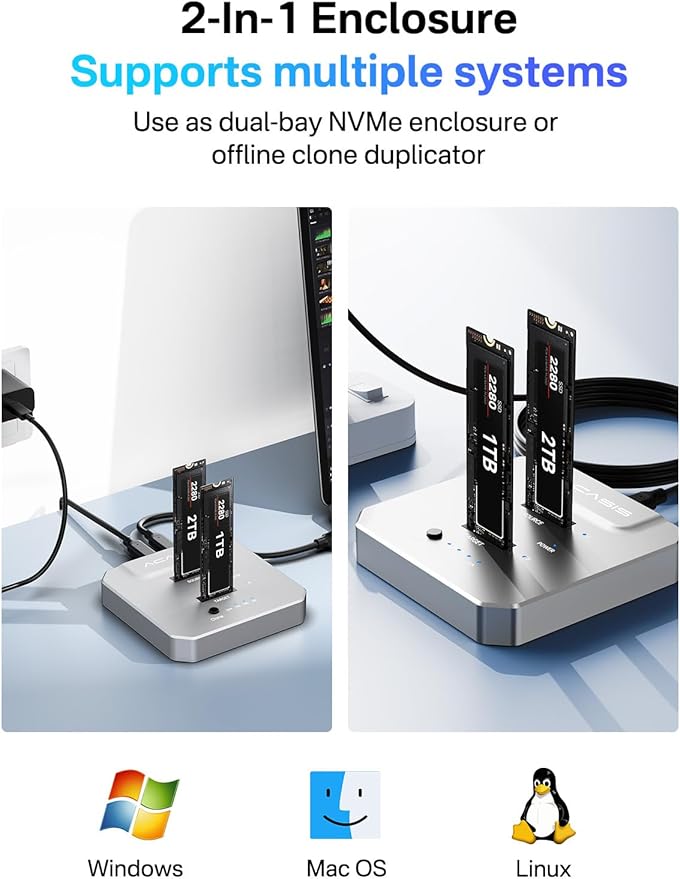 ACASIS 20Gbps M.2 NVMe SSD Cloner & Docking Station, Dual-Bay Offline Duplicator with Aluminum Heat Dissipation Enclosure, Tool-Free USB Adapter for M Key PCIe NVMe SSD Reader