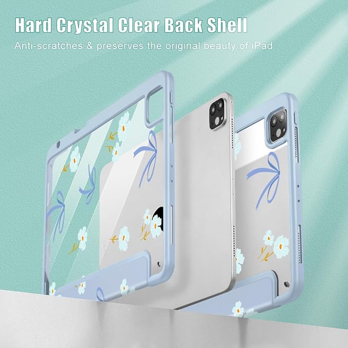 Mektron Case for iPad Pro 11 inch Case M2 2022 Generation 4th, Fit 2021 2020 2018 iPad Pro 11" (3rd, 2nd & 1st Gen) -Buit in Pencil Holder with Shockproof Cover Clear Shell, Blue Bows & Flowers