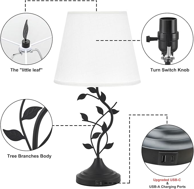 Kakanuo Table Lamp for Bedside, Lamp for Living Room with USB-A and USB-C Charging Ports, Traditional Tall Bedroom Lamp for End Table