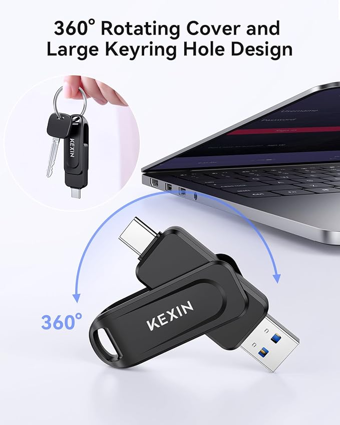 KEXIN Dual 32GB Flash Drive USB-A & Type-C Thumb Drive 3.0 100MB/s Swivel USB Drive 32GB Memory Stick for Smartphone Tablet iPhone 15/16 Car Game Console, Black