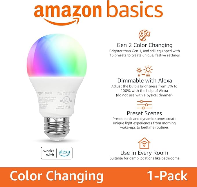 Amazon Basics Smart A19 LED Light Bulb, Color Changing, 9W (60W Equivalent), 800LM, Works with Alexa Only, WiFi 2.4 GHz, No Hub Required, Mood Lighting, Energy Efficient, 2-Pack