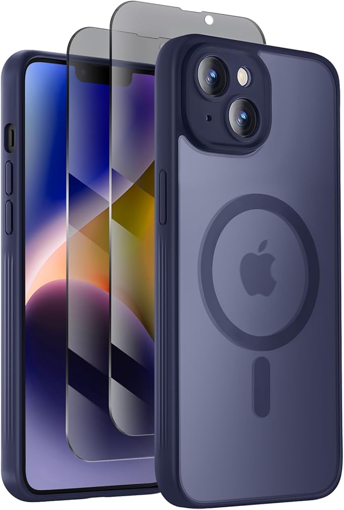 Symcele Designed for iPhone 14 Case, Compatible with MagSafe, with Privacy Screen Protectors X2, [Camera Protection] [15FT Military Drop Protection] Shockproof Phone Case, 6.1", Deep Blue