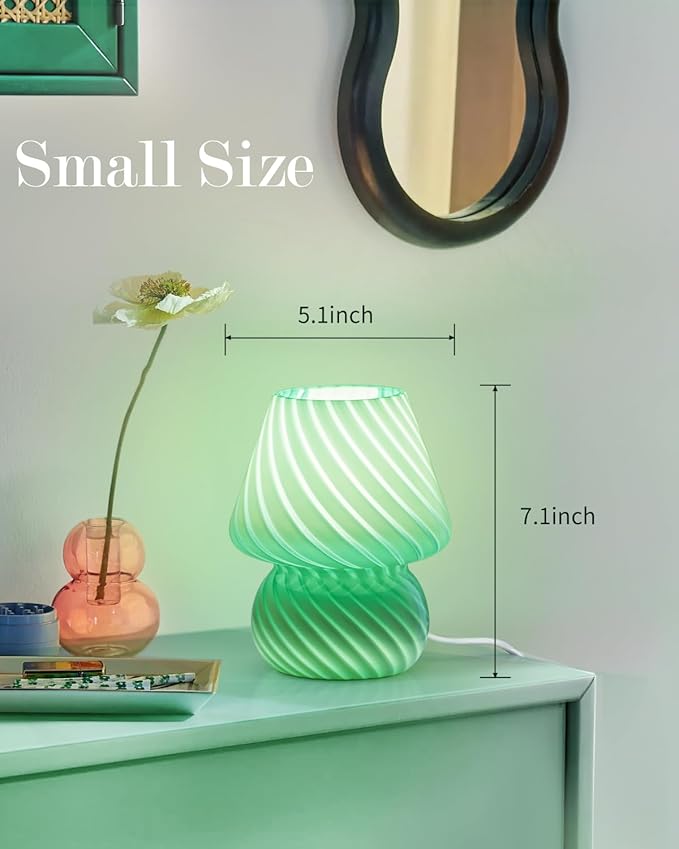 ONEWISH Mushroom Lamp - Small Table Lamp with Striped Glass, Nightstand Lamp for Bedroom, Living Room, Cafe, Office, Bulb Included, for Girls Women Birthday Christmas Thanksgiving, Sage Green