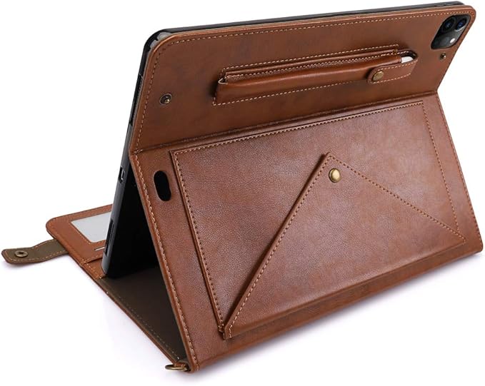 Handbag Case for iPad Pro 11-inch M5 M4 (2025/2024) - Techcircle Folio Stand iPad Crossbody Wallet Case with Pencil Holder, Hand Strap+Shoulder Strap Protective Cover, Coffee