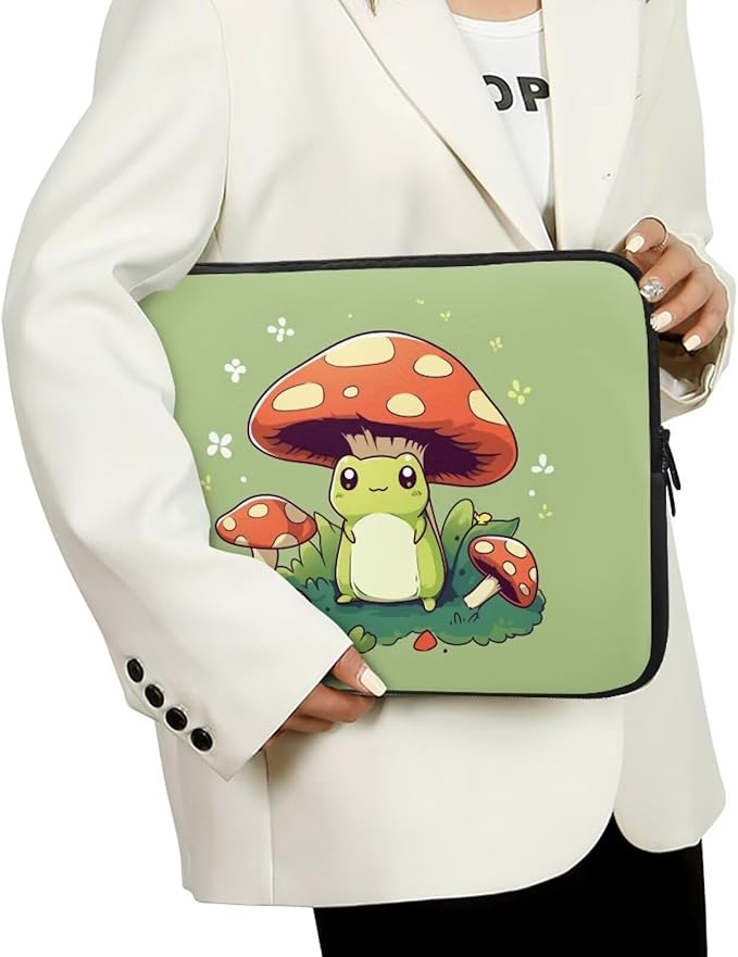 Cute Frog Laptop Protective Sleeve for Women Men 12 Inch Computer Sleeve Neoprene Laptop Bag Mushroom Lap Top Case Suitable for Travel School Office Organizers Green