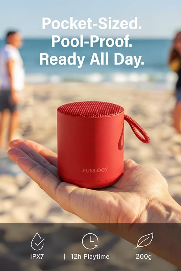 FUNLOGY Portable Mini2 Bluetooth Speaker, Wireless Portable Speaker with Deep Bass, IPX7 Waterproof, TWS Stereo Pairing, Built-in Mic, Small Speaker for Shower, Outdoor, Travel, Red