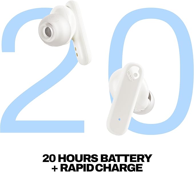 Skullcandy Smokin’ Buds Wireless Earbuds, Bluetooth Headphones, Noise Isolating Fit, Up to 20 Hours Battery, IPX4 Sweat and Water Resistant, Microphone for iPhone Android - Bone