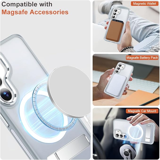MALEWOLF Case for Galaxy S23 FE with 3 Modes Stand, Compatible with Magsafe, Color Hybrid Shockproof with Anti-Slip Edge, Matte Translucent Phone Case for Galaxy S23 FE (Grey/White)