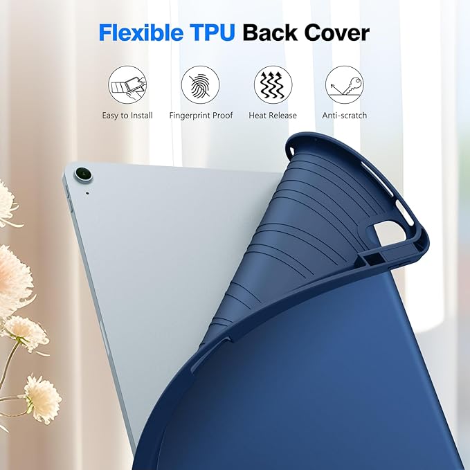Fintie SlimShell Case for iPad Air 13-inch M4/M3/M2 (2026/2025/2024) - [Built-in Pencil Holder] Soft TPU Protective Stand Back Cover with Auto Wake/Sleep, Navy