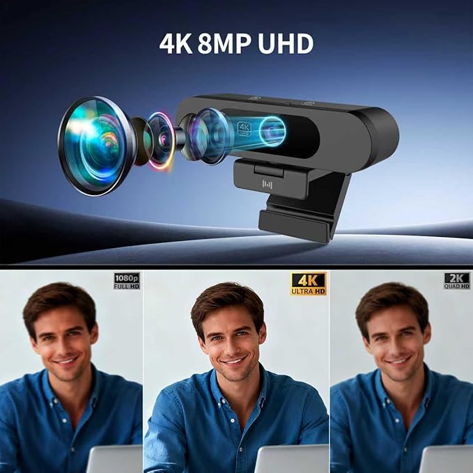 4K Webcam for PC, 8MP USB Webcam with Dual Noise-reducing Microphones, Picture-in-picture, Auto Framing, 5X Zoom, 92° Wide FOV, Auto Light Correction, Perfect for Conference, Video Callings, Streaming